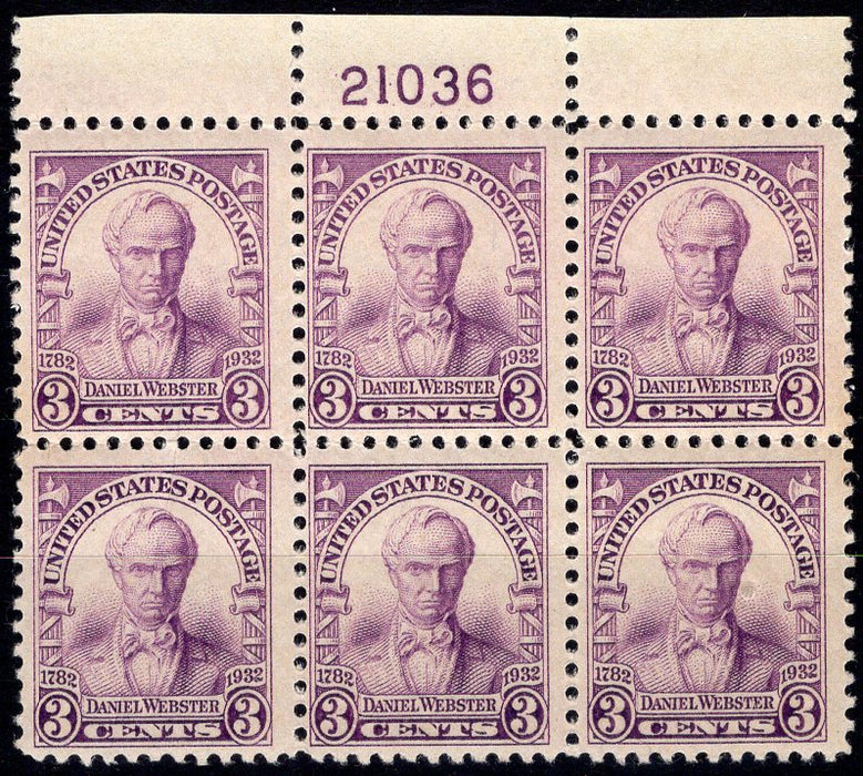 #725 3 cent Webster Plate block #21036 Faint gum wrinkle F/VF NH Mint US Stamp
