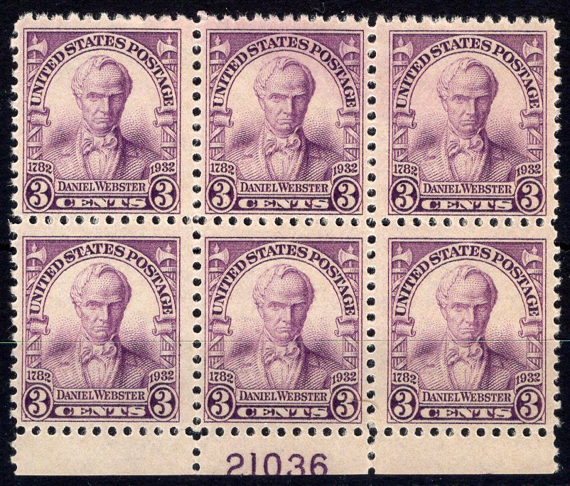 #725 3 cent Webster Plate block #21036 VF NH Mint US Stamp
