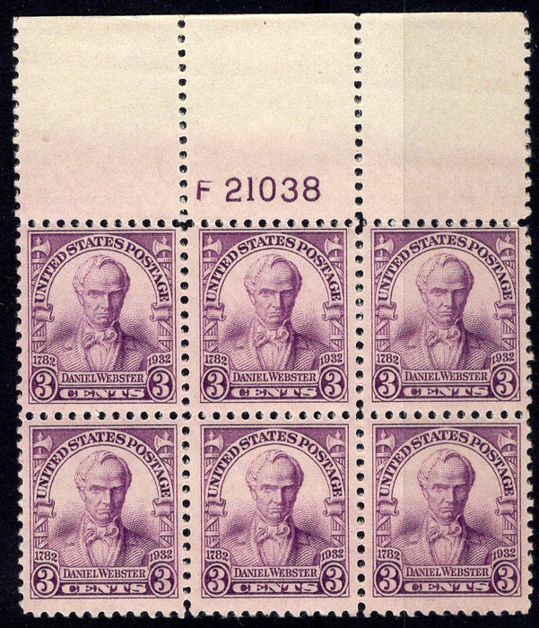 #725 3 cent Webster Plate block #21038 VF NH Mint US Stamp