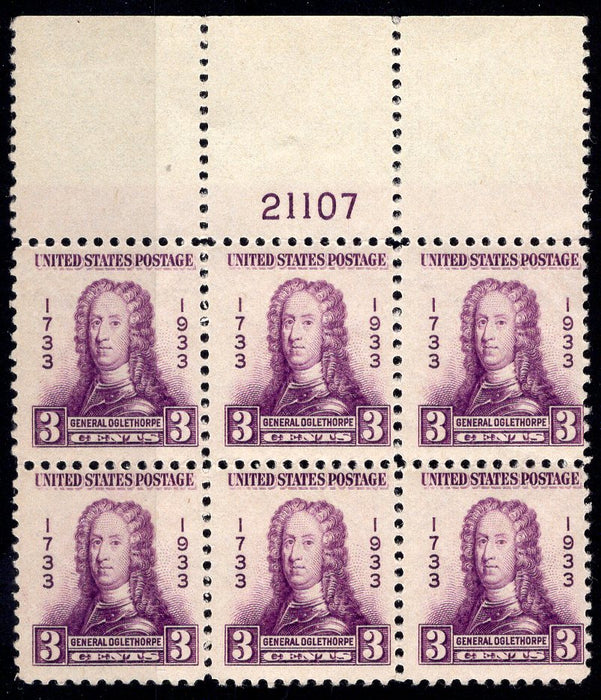 #726 3 cent Oglethorpe Plate block #21107 Full top F/VF NH Mint US Stamp