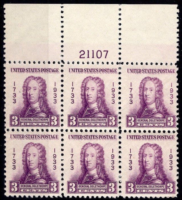 #726 3 cent Oglethorpe Plate block #21107 Full top VF NH Mint US Stamp