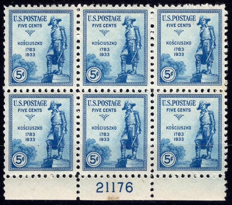 #734 5 cent Kosciuszko Plate block #21176 XF NH Mint US Stamp