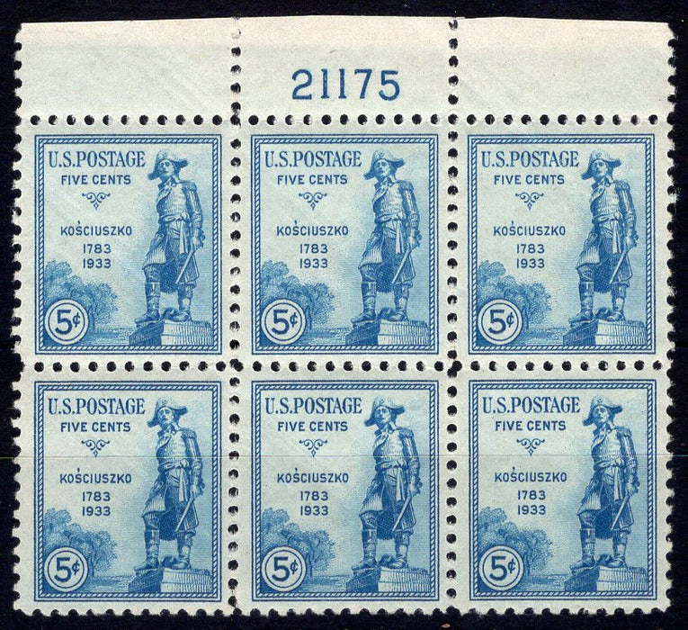 #734 5 cent Kosciuszko Plate block #21175 XF NH Mint US Stamp