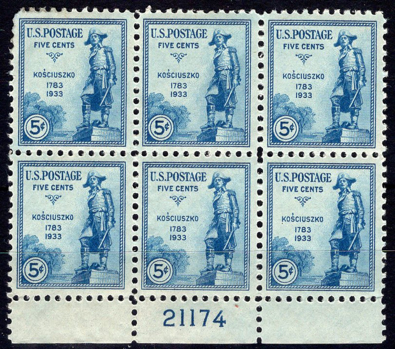 #734 5 cent Kosciuszko Plate block #21174 XF LH Mint US Stamp