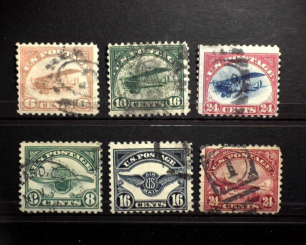 1918 & 1923 US Air Post Stamps Complete Set Scott C1, C2, C3, C4, C5, C6.  MH.