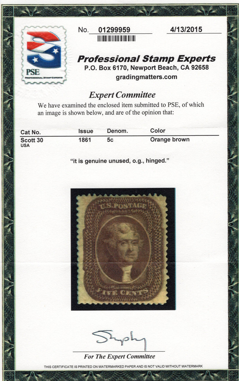 #30 Beautiful stamp with deep rich color. Well centered for issue 4-15 PSE Cert. Mint Vf/Xf LH - US Stamp