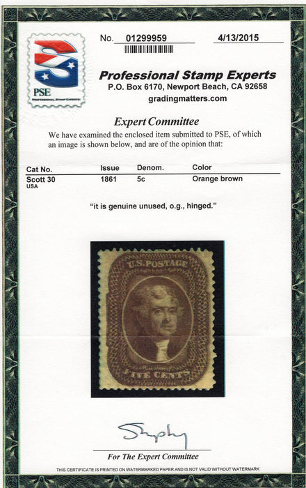 #30 Beautiful stamp with deep rich color. Well centered for issue 4-15 PSE Cert. Vf/Xf MLH US Stamp