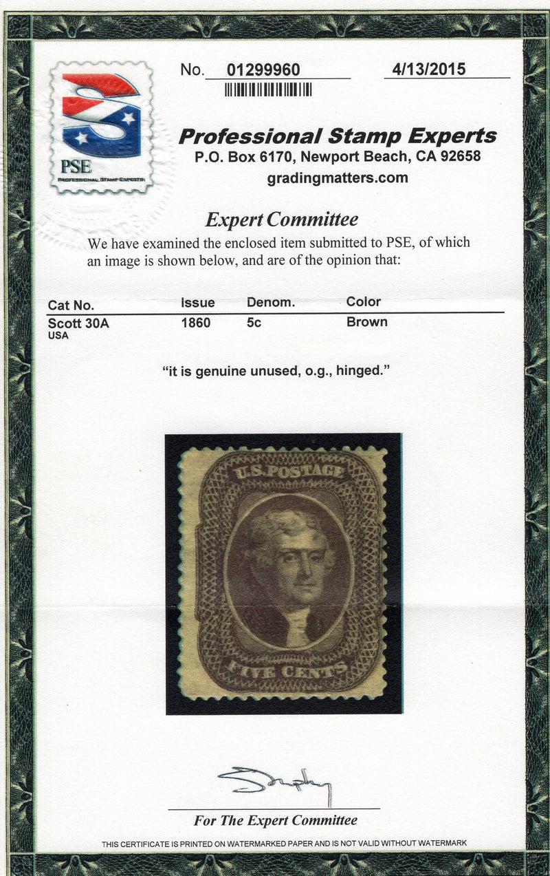 #30a Fresh rich color stamp. 4-15 PSE. Choice Mint F H - US Stamp