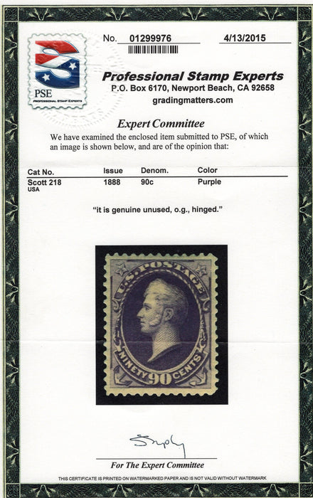 #218 Deep rich color. Fresh and Choice well centered stamp 4-15 PSE Cert Vf/Xf MLH US Stamp