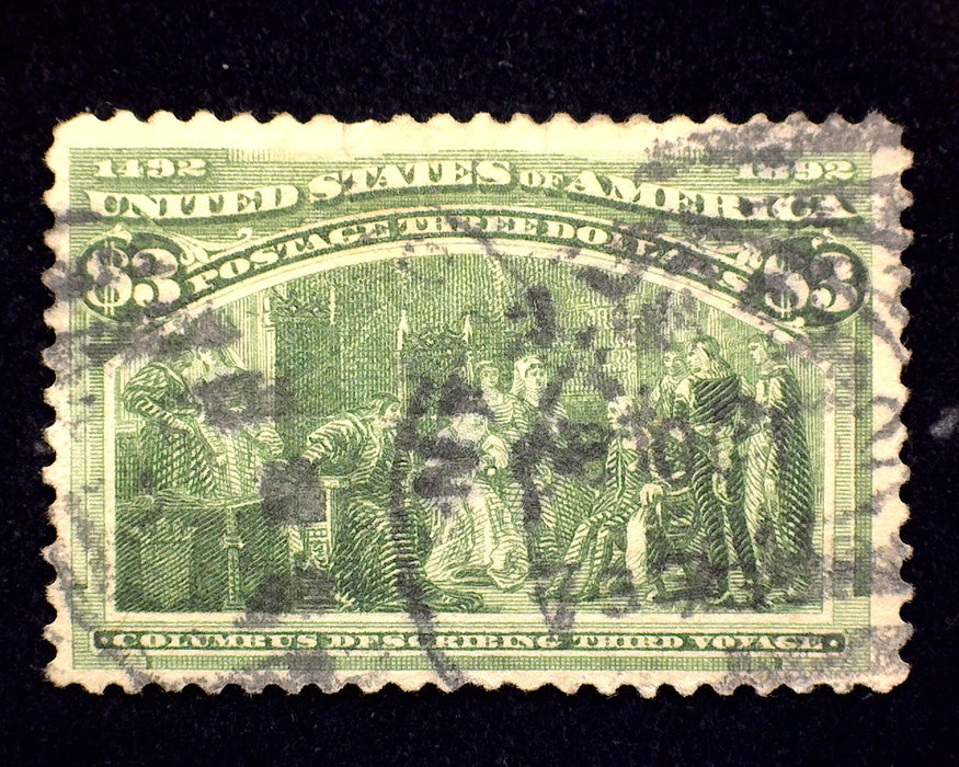 #243 Used 3 Dollar Columbian Small thin and horizontal crease. VF US Stamp