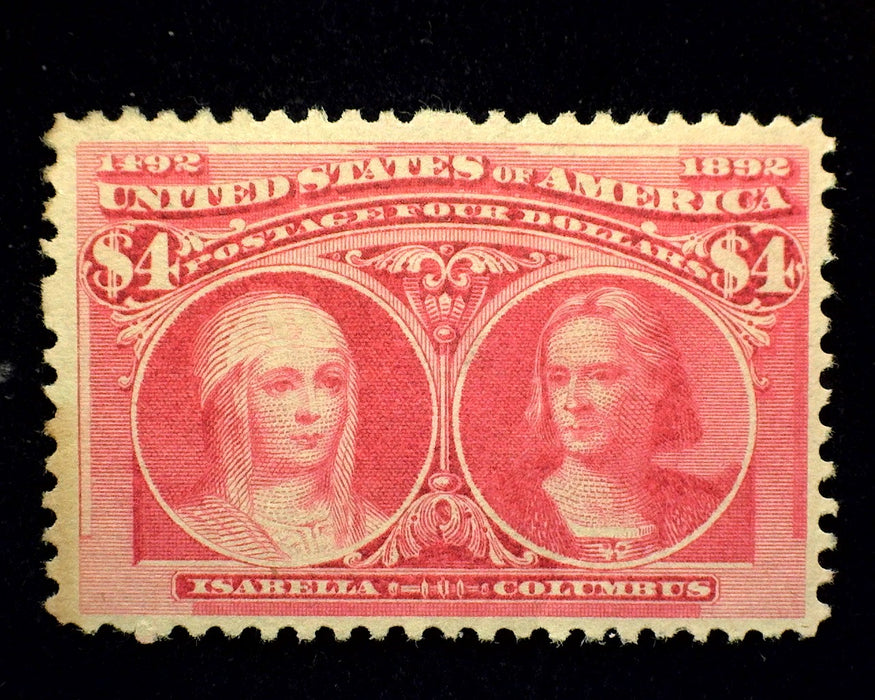 #244 4 Dollar Columbian Lightly disturbed O.G. Rich desirable crimson shade. Choice. Mint VF LH US Stamp