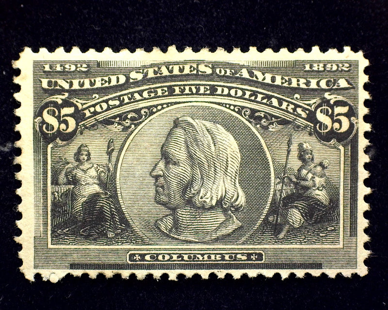 #245 Mint 5 Dollar Columbian Disturbed O.G. Deep rich intense color. VF LH US Stamp