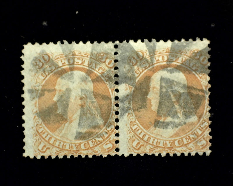 #71 Fresh horizontal pair with segmented pie cork cancel F Used - US Stamp