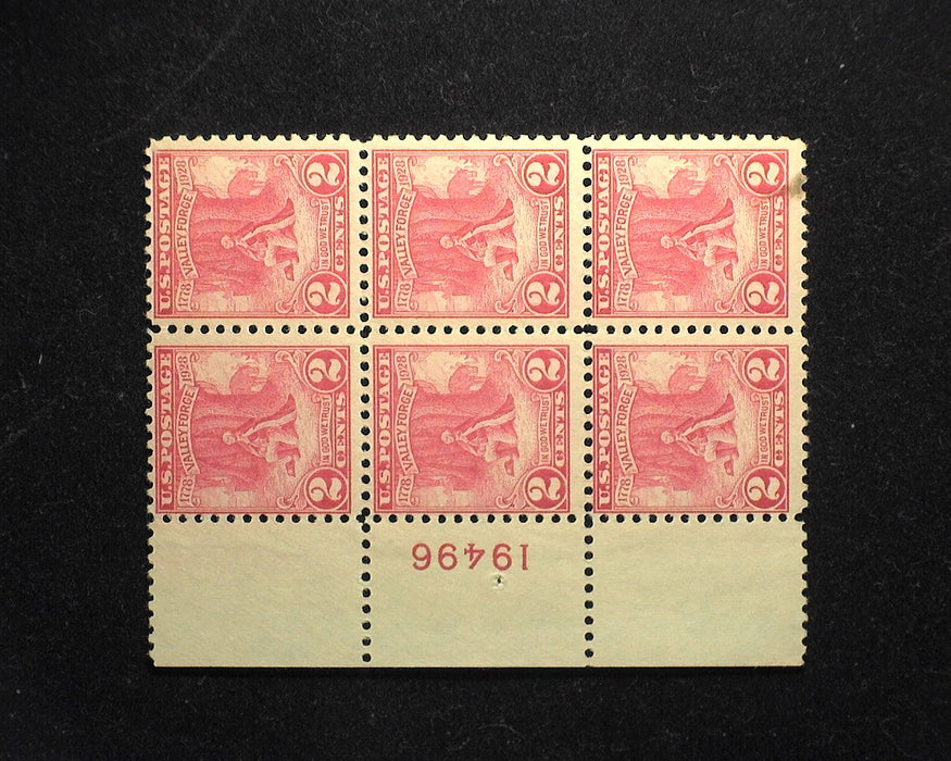 #645 2 cent Valley Forge. Plate Block #19496. Tape stain lower right stamp. Mint F/VF NH US Stamp