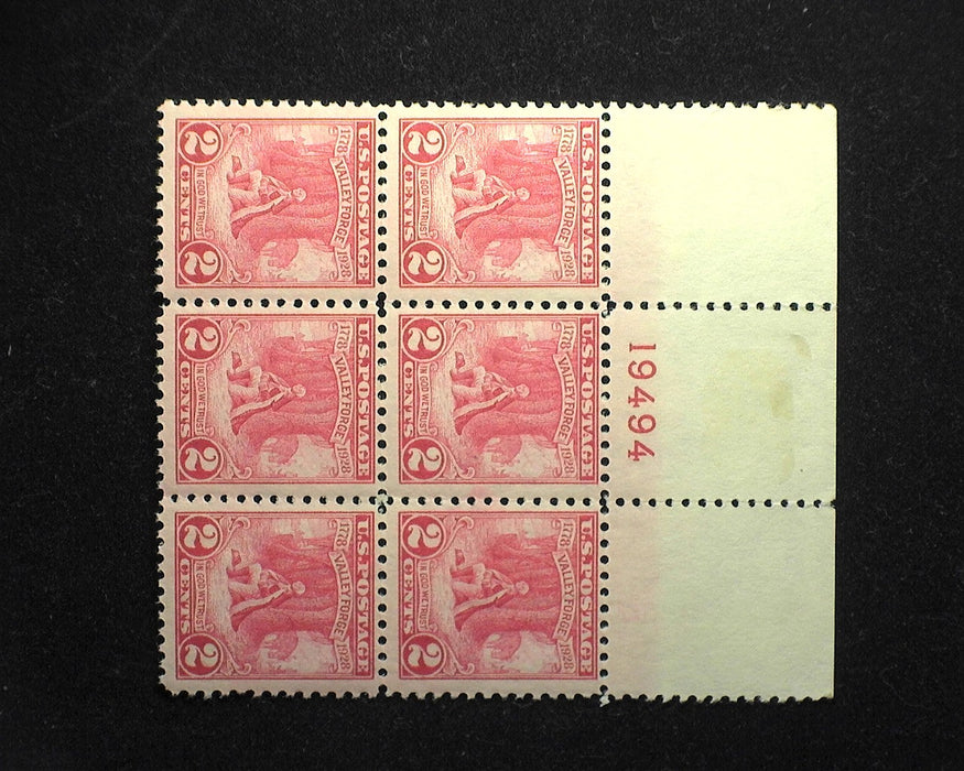 #645 2 cent Valley Forge. Plate Block #19496. Mint F/VF LH  in selvedge NH on stamps. US Stamp