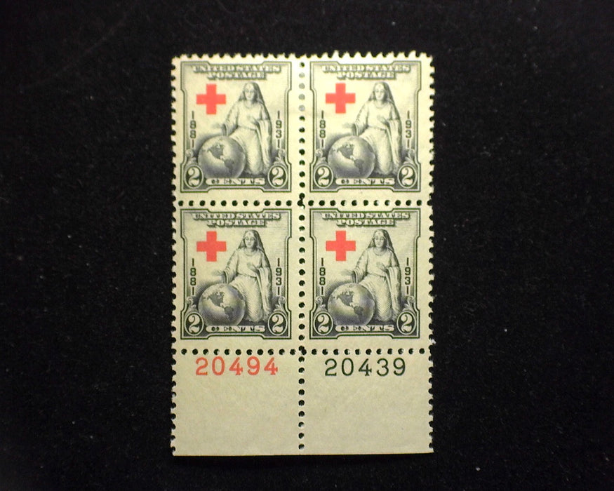 #702 2 cent Red Cross. Plate Block PL#'s 20494, 20439. Mint F/VF H US Stamp