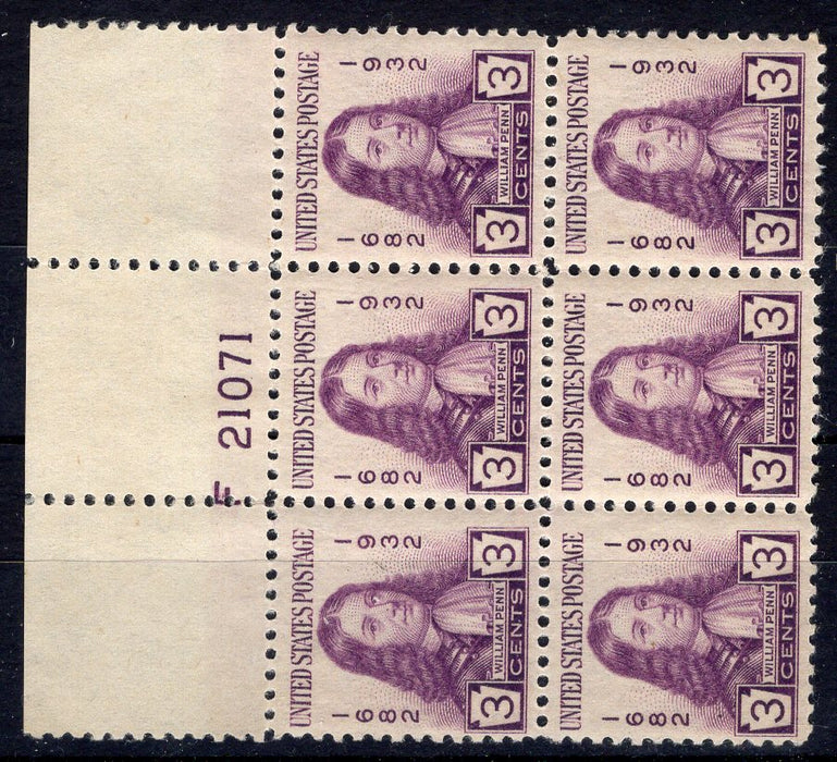 #724 3 cent Penn Plate Block PL#21071 VF NH Mint US Stamp
