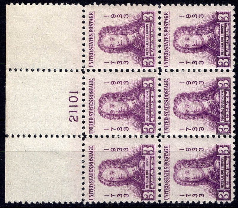 #726 3 cent Oglethorpe Plate Block F/VF NH Fresh full top plate. Mint US Stamp