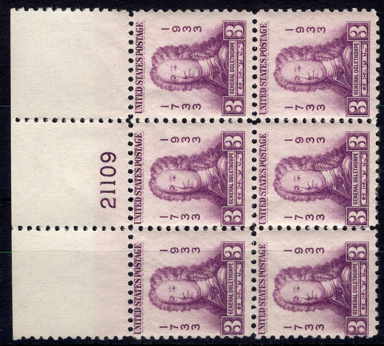 #726 3 cent Oglethorpe plate block. PL#21109 F NH Mint US Stamp