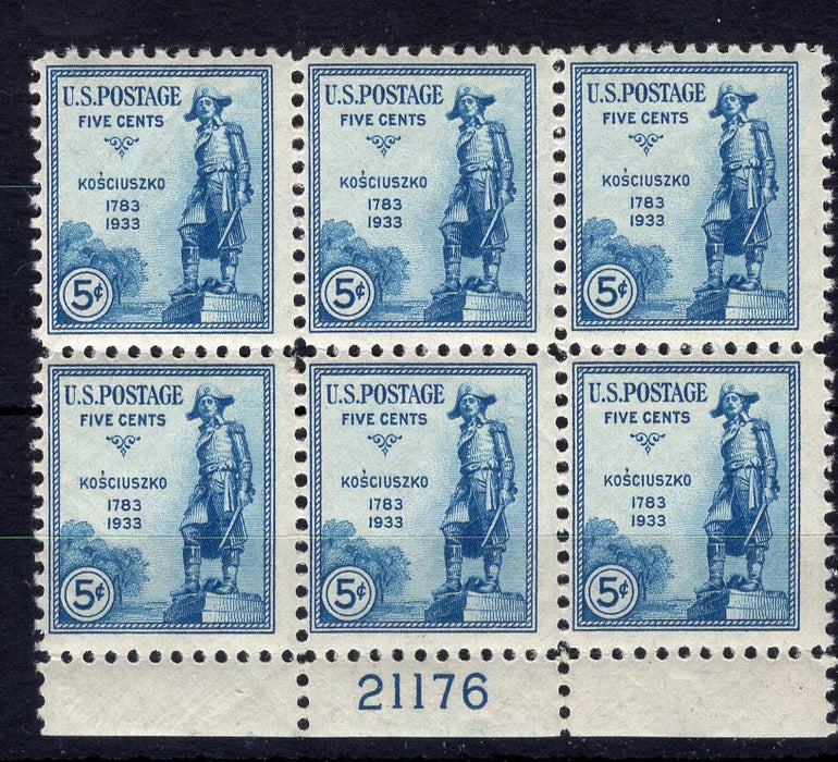 #734 5 cent Kosciuszko plate block. PL#21176 F/VF NH Mint US Stamp