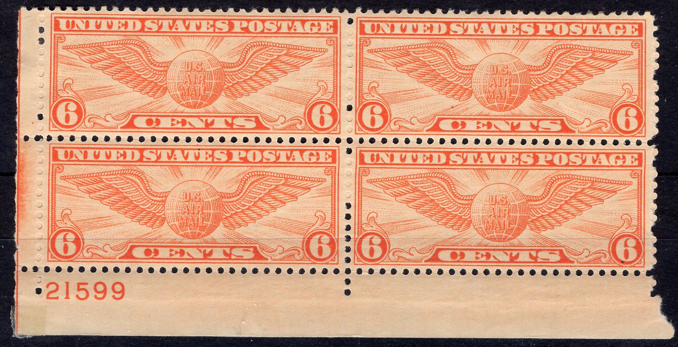 #C19 6 cent Winged Globe plate block. PL#21599 VF LH Mint US Stamp