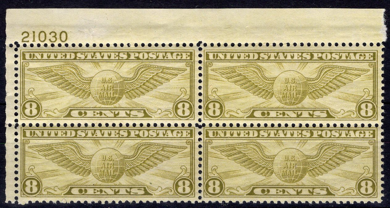 #C17 8 cent Winged Globe plate block. PL#21030 XF NH Mint US Stamp