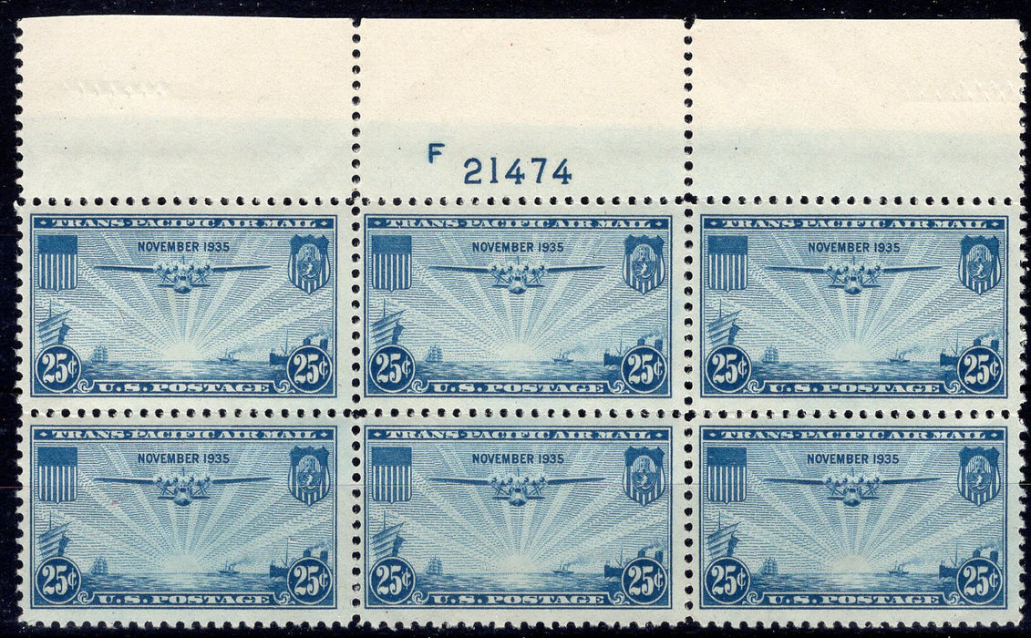 #C20 25 cent Clipper plate block. PL#21474 VF NH Mint US Stamp