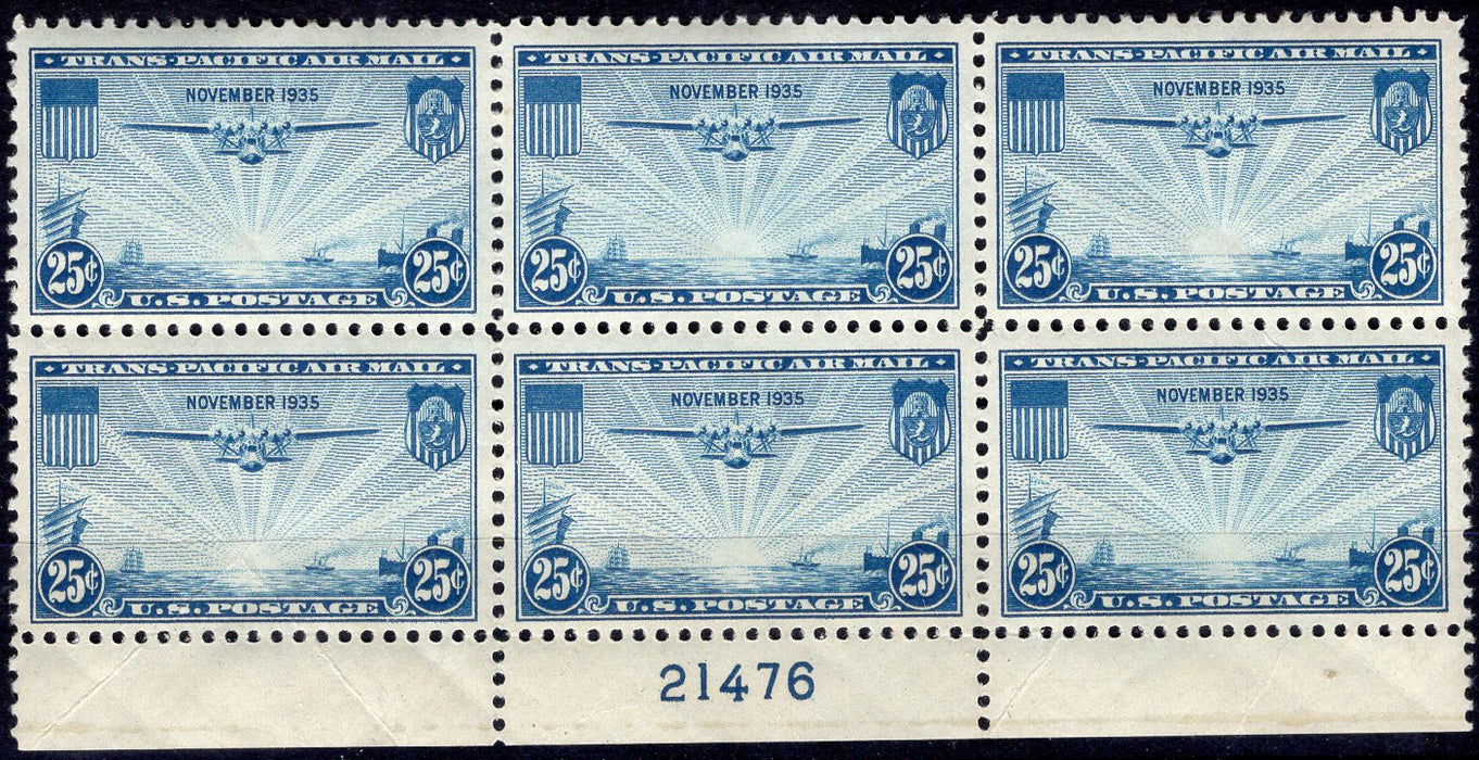 #C20 25 cent Clipper plate block. PL#21476 VF/XF NH Mint US Stamp
