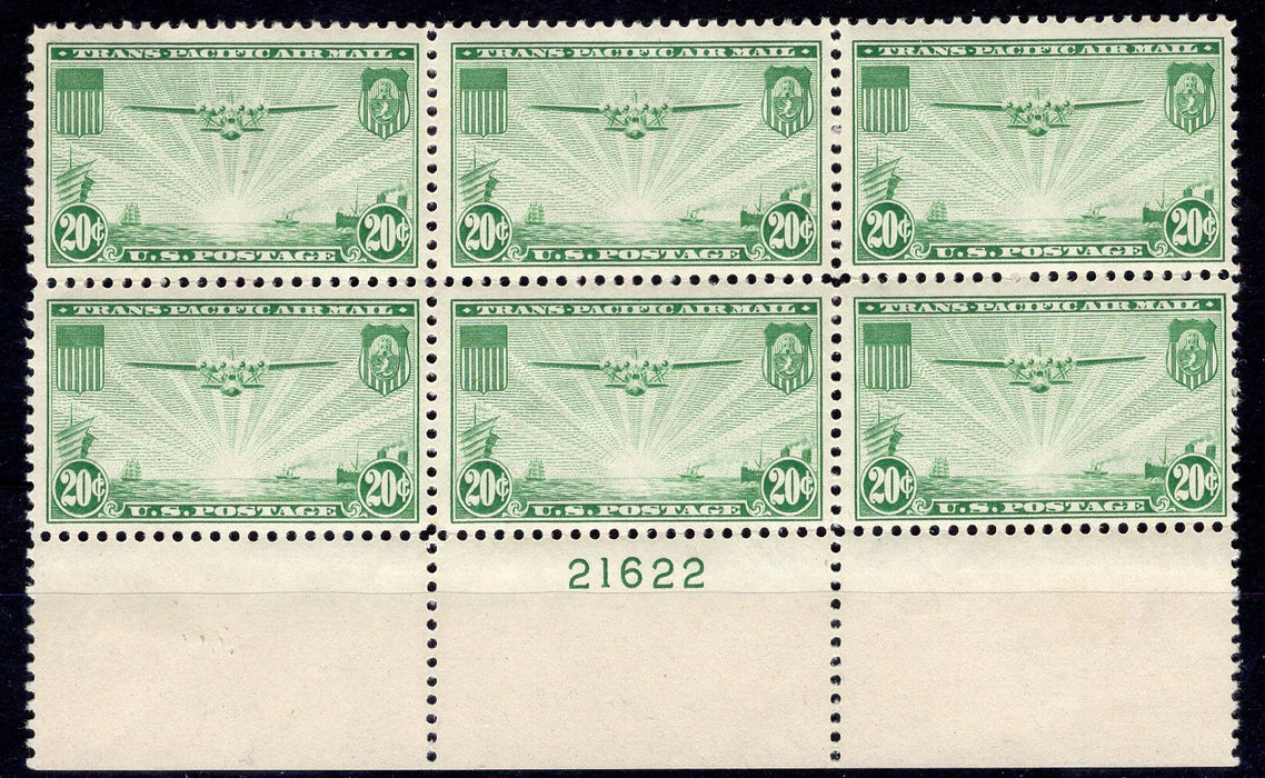 #C21 20 cent Clipper plate block. PL#21622 VF NH Mint US Stamp