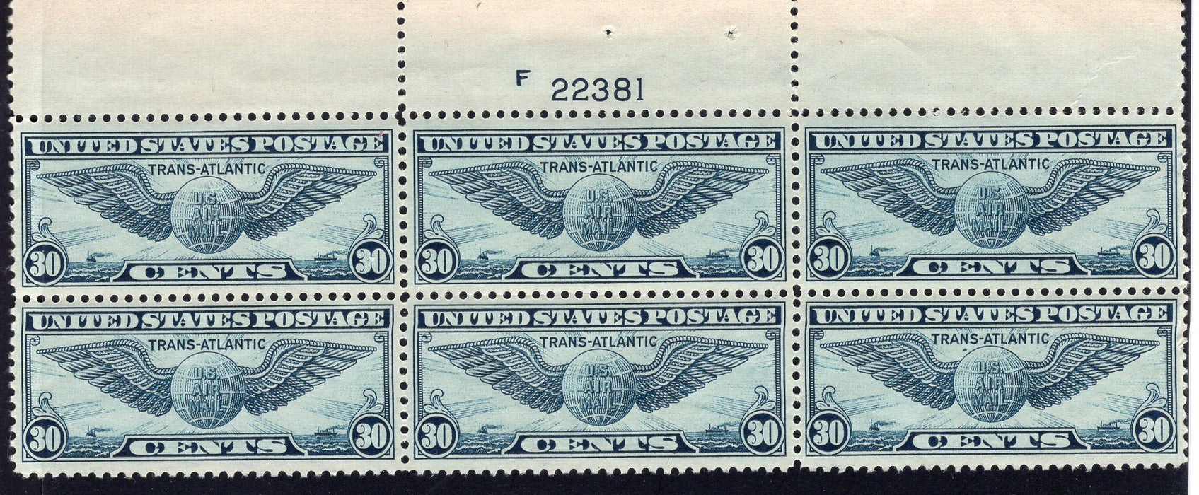 #C24 Mint 30 cent Winged Globe Plate Block PL#22381. Choice plate. XF NH US Stamp
