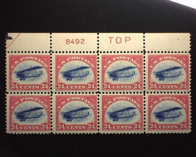 #C3 1918 Airmail Issue. Fresh block of 8 PL#8492 and "Top". Nice mini plate block. LH in margin only stamps. Mint F/VF NH - US Stamp