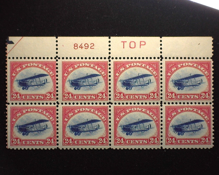 #C3 1918 Airmail Issue. Fresh block of 8 PL#8492 and "Top". Nice mini plate block. LH in margin only stamps. Mint F/VF NH US Stamp