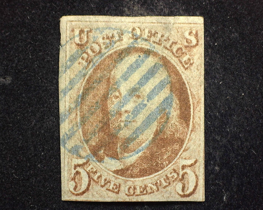#1 1847 Issue Fresh three margin stamp with rich color. Blue grid cancel. Used F/VF US Stamp