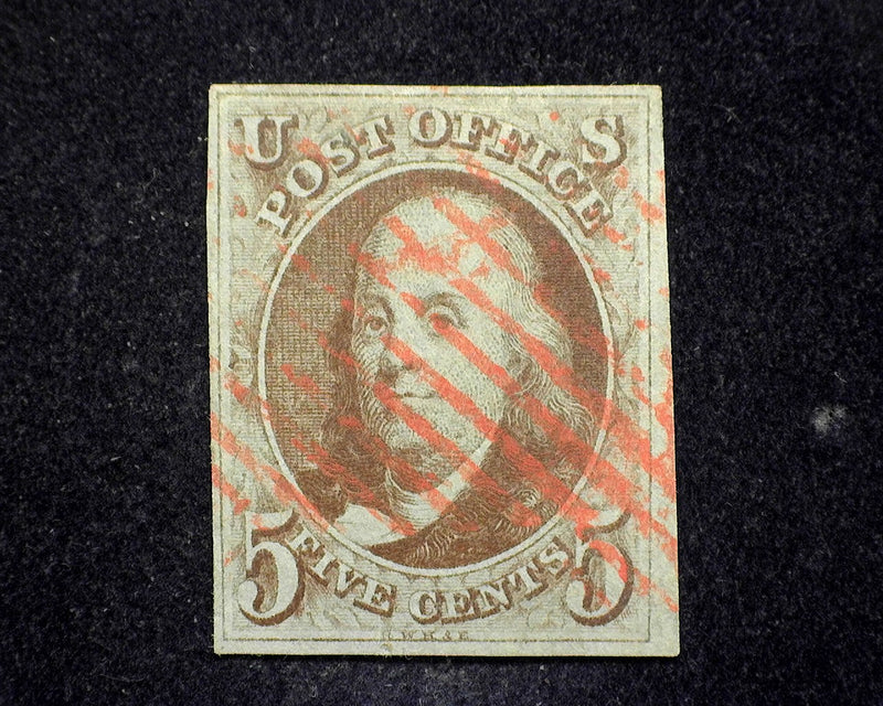 #1 1847 Issue Large 4 margin stamp. Deep crisp impression and color. Faint red grid cancel. "A Beauty" Used XF  US Stamp