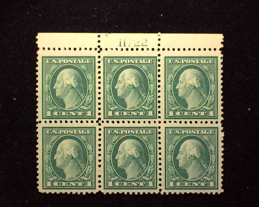 #498 1 Cent Fresh plate block top margin. Block of 6 PL#11722 Mint F/VF LH US Stamp