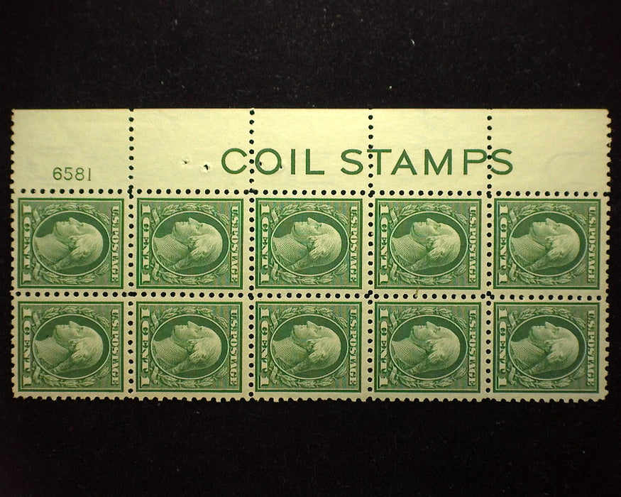 #424 Margin block of 10, PL#6581 and imprint "Coil Stamps". 1 stamp stain. VF LH Mint US Stamp