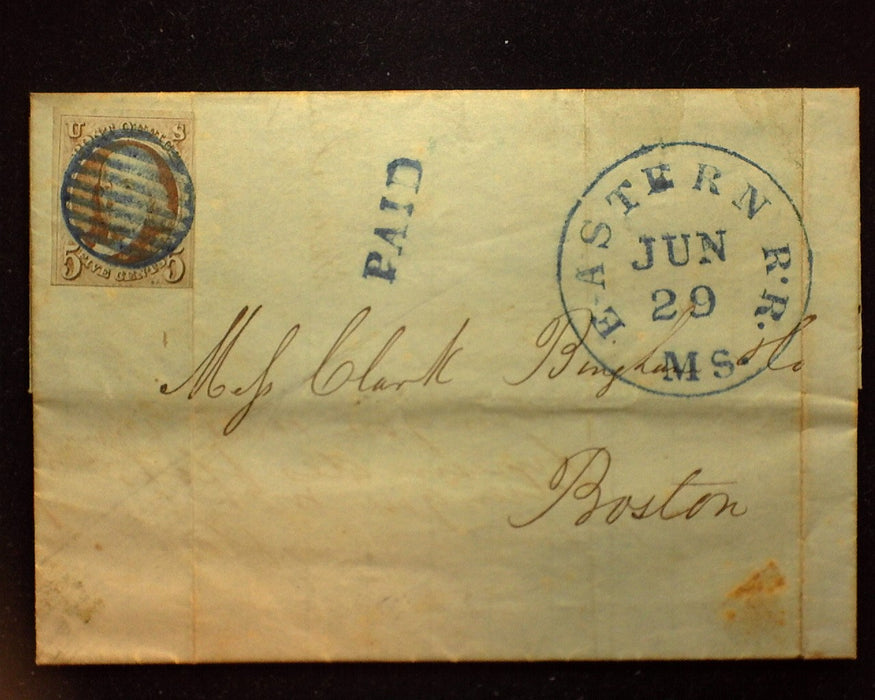 #1 1847 Issue 4 margin stamp just clearing at bottom. Tied to Eastern Railroad MS cover to Boston. Blue grid cancel. Used US Stamp