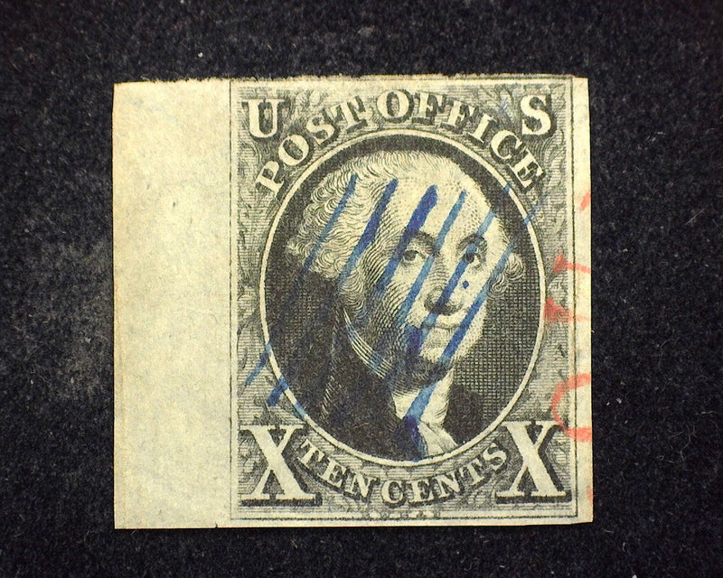 #2 1847 Issue. Outstanding four margin stamp with large sheet margin. Intense color and sharp impression. Blue grid cancel and partial Red Town cancel. Unbelievable eye appeal. VF/XF Used - US Stamp